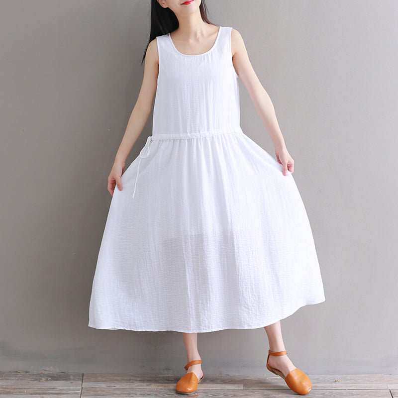 Fine white pure cotton linen dress oversize casual dress boutique Sleeveless O neck drawstring cotton linen dress