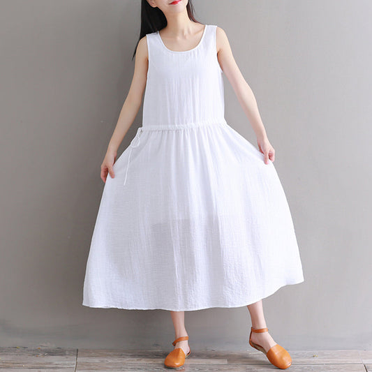 Fine white pure cotton linen dress oversize casual dress boutique Sleeveless O neck drawstring cotton linen dress