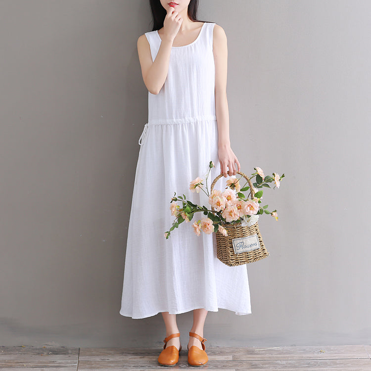 Fine white pure cotton linen dress oversize casual dress boutique Sleeveless O neck drawstring cotton linen dress