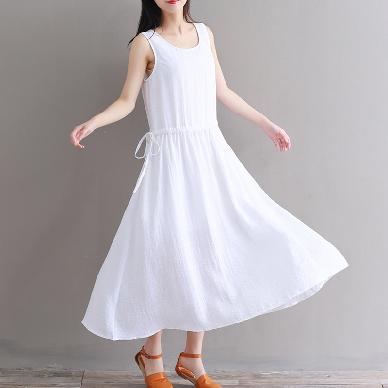 Fine white pure cotton linen dress oversize casual dress boutique Sleeveless O neck drawstring cotton linen dress