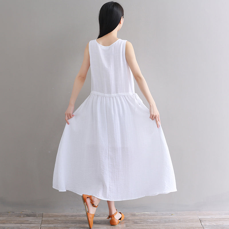 Fine white pure cotton linen dress oversize casual dress boutique Sleeveless O neck drawstring cotton linen dress