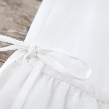 Fine white pure cotton linen dress oversize casual dress boutique Sleeveless O neck drawstring cotton linen dress