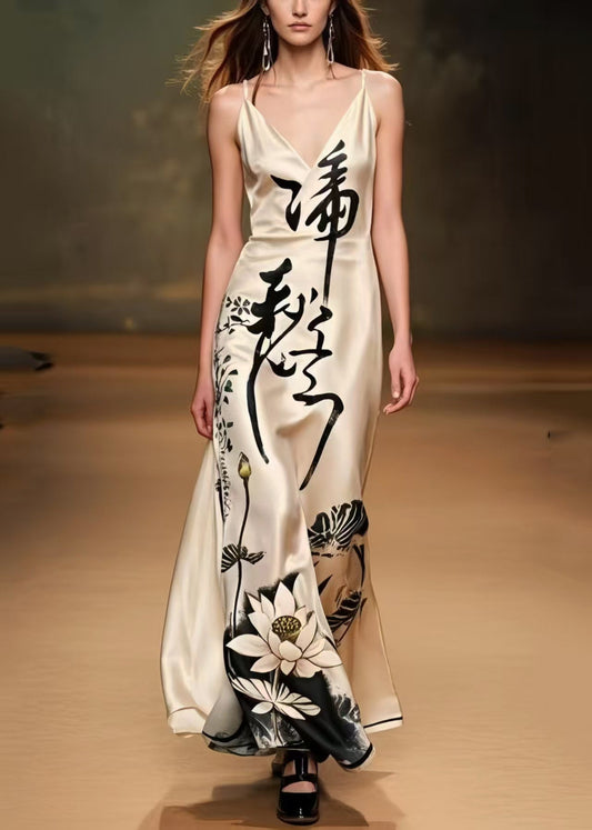 Fitted Apricot Print Draping Silk Party Dress Summer