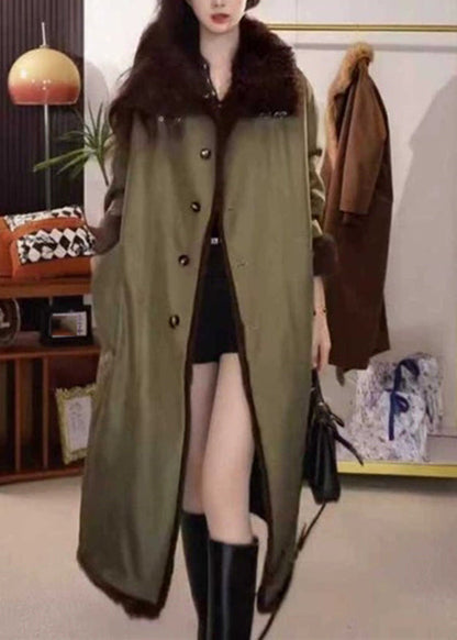 Fitted Arm Green Fur Collar Pockets Patchwork Long Parka Winter