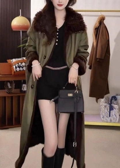 Fitted Arm Green Fur Collar Pockets Patchwork Long Parka Winter