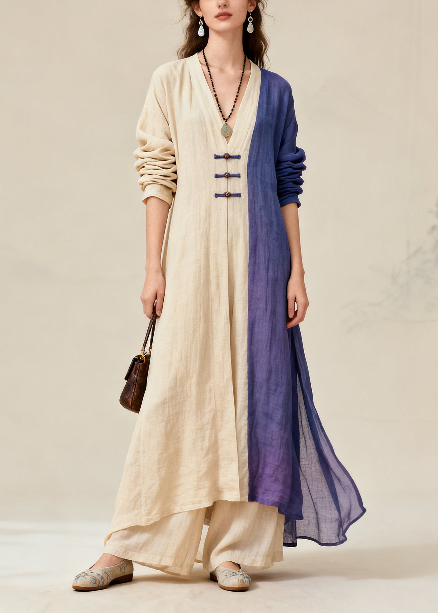 Fitted Beige Asymmetrical Patchwork Chinese Button Cotton Women Sets 2 Pieces Fall