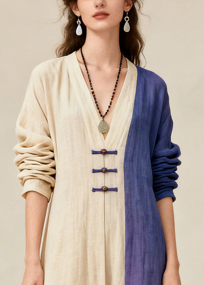 Fitted Beige Asymmetrical Patchwork Chinese Button Cotton Women Sets 2 Pieces Fall