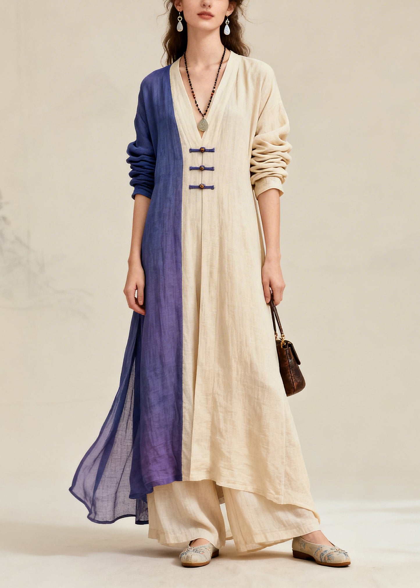 Fitted Beige Asymmetrical Patchwork Chinese Button Cotton Women Sets 2 Pieces Fall