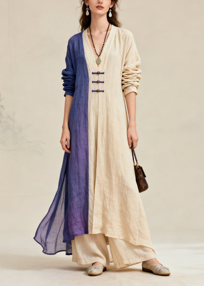 Fitted Beige Asymmetrical Patchwork Chinese Button Cotton Women Sets 2 Pieces Fall