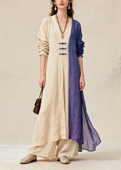 Fitted Beige Asymmetrical Patchwork Chinese Button Cotton Women Sets 2 Pieces Fall