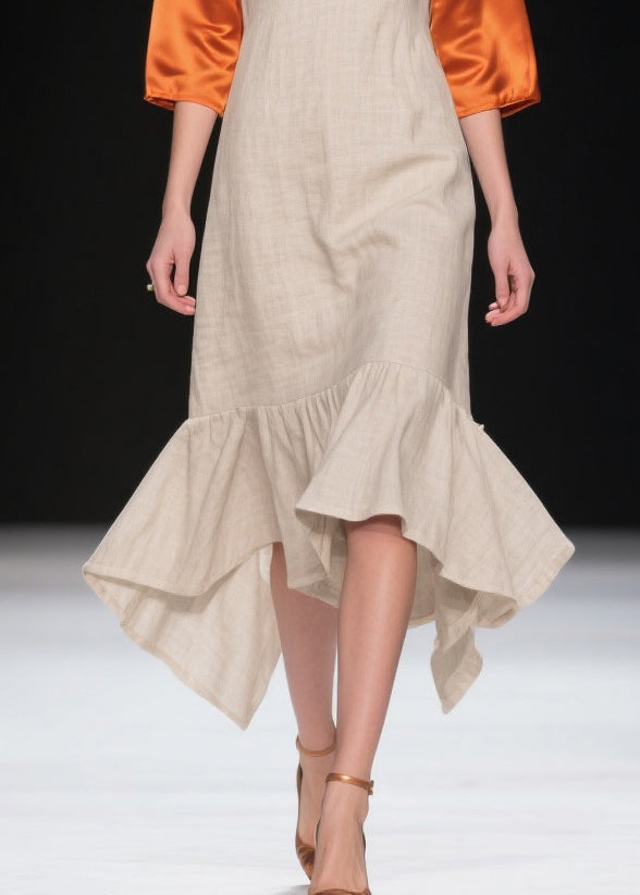 Fitted Beige Asymmetrical Patchwork Linen Silk Fake Two Piece Dresses Summer
