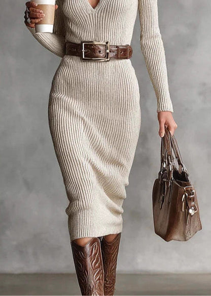 Fitted Beige Hign Neck Slim Fit Knit Dress Spring