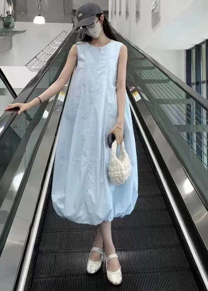 Fitted Beige O-Neck Cotton Lantern Dress Sleeveless