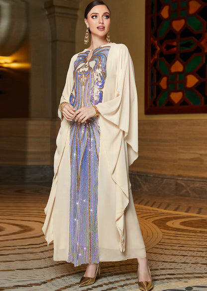 Fitted Beige O-Neck Print Patchwork Tie Waist Chiffon Maxi Dress Fall