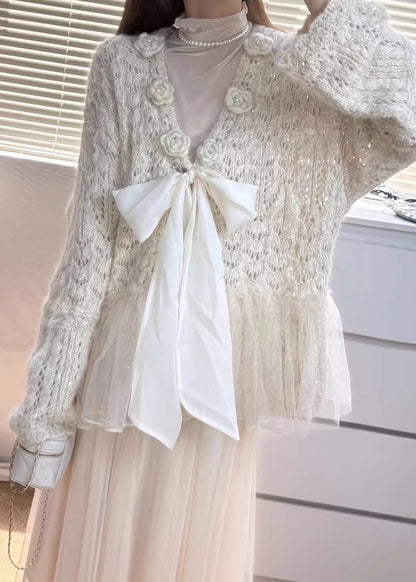 Fitted Beige Sequins Patchwork Bow Knit Cardigans Spring