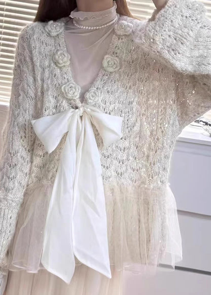 Fitted Beige Sequins Patchwork Bow Knit Cardigans Spring