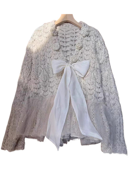 Fitted Beige Sequins Patchwork Bow Knit Cardigans Spring