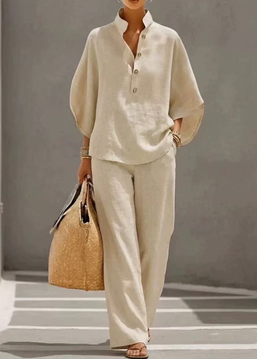 Fitted Beige Stand Collar Cotton Two Piece Set Outfits Fall