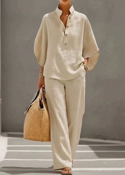 Fitted Beige Stand Collar Cotton Two Piece Set Outfits Fall