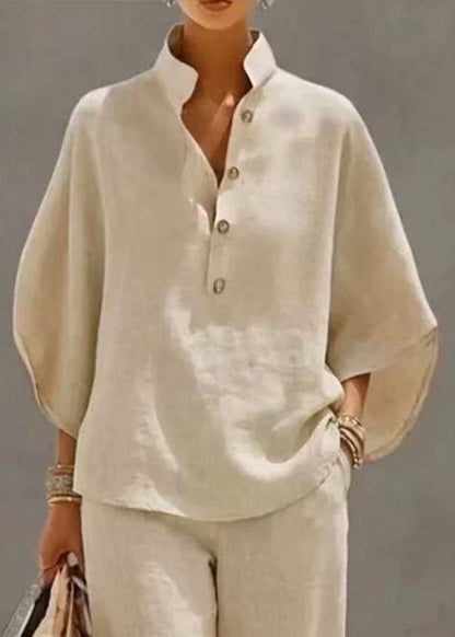Fitted Beige Stand Collar Cotton Two Piece Set Outfits Fall