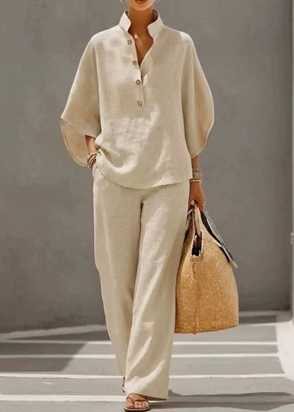 Fitted Beige Stand Collar Cotton Two Piece Set Outfits Fall