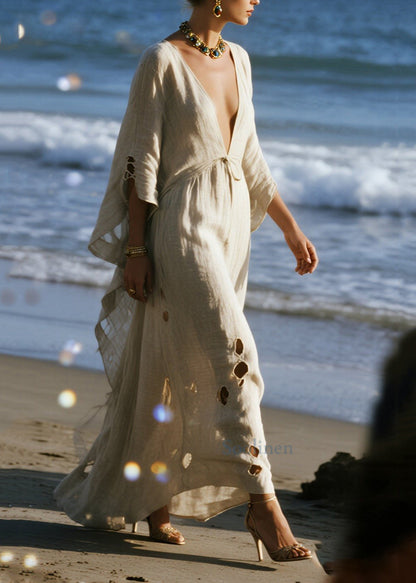 Fitted Beige V Neck Ripped Cotton Long Dress Spring