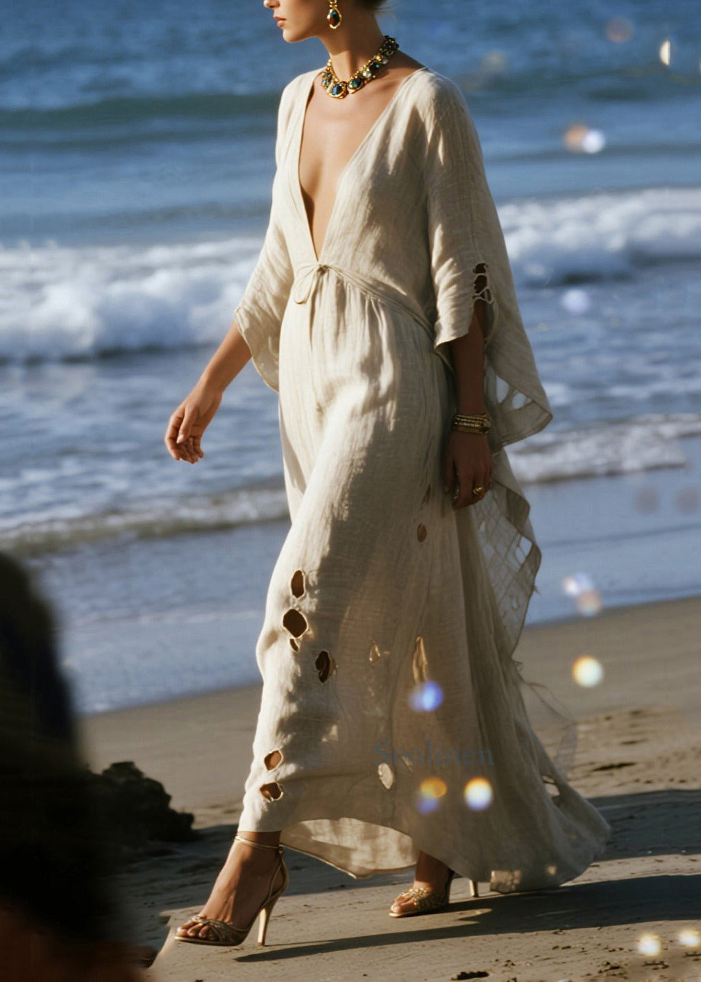 Fitted Beige V Neck Ripped Cotton Long Dress Spring