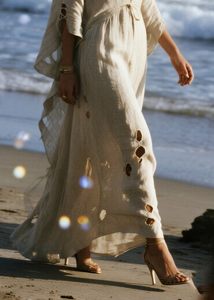 Fitted Beige V Neck Ripped Cotton Long Dress Spring