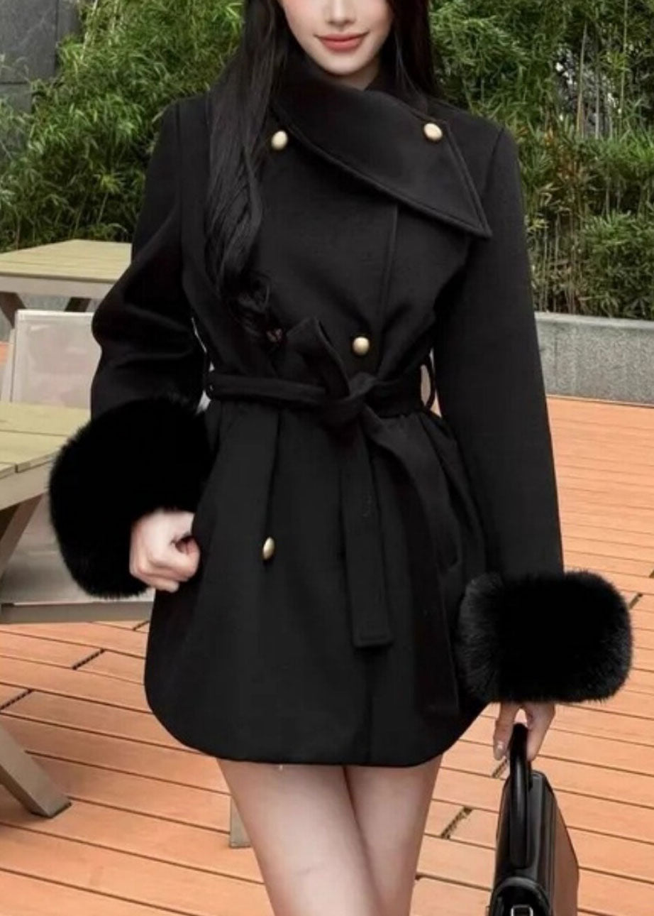 Fitted Black Asymmetrical Patchwork Woolen Coat Fall