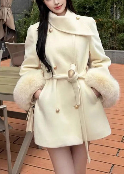Fitted Black Asymmetrical Patchwork Woolen Coat Fall