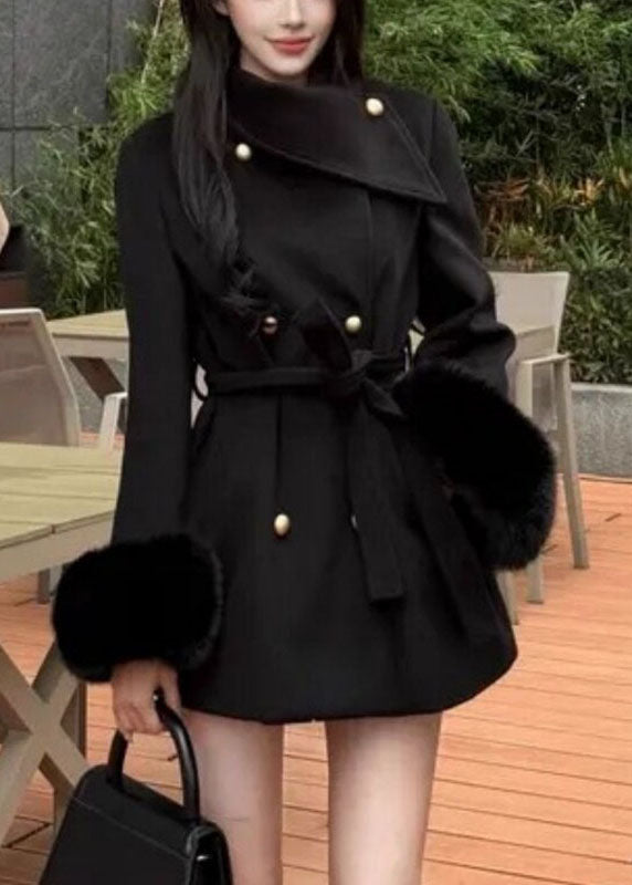 Fitted Black Asymmetrical Patchwork Woolen Coat Fall