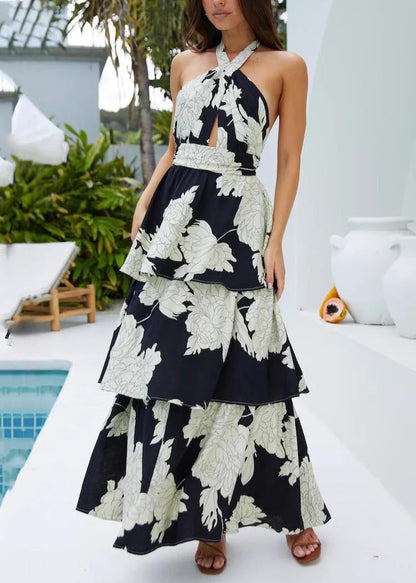 Fitted Black Backless Print Vacation Dresses Summer