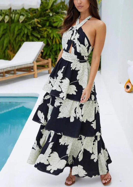 Fitted Black Backless Print Vacation Dresses Summer
