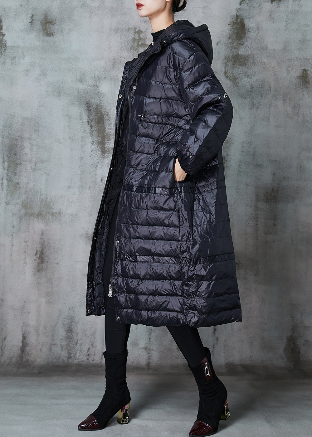 Fitted Black Drawstring Patchwork cotton silk blend Puffer Jacket Winter