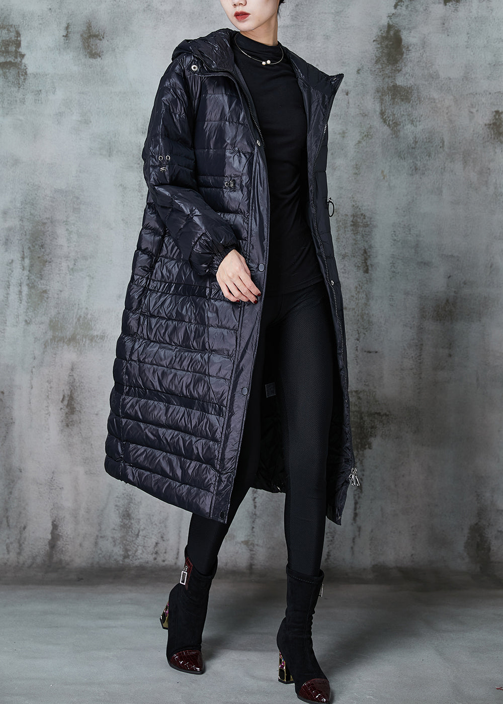Fitted Black Drawstring Patchwork cotton silk blend Puffer Jacket Winter