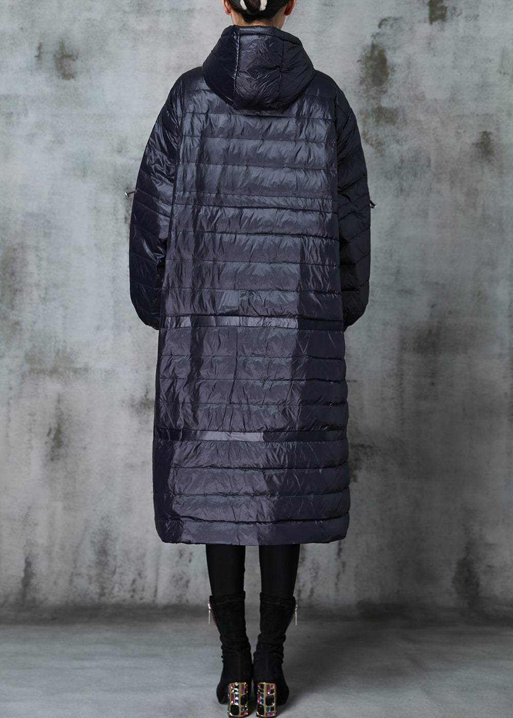 Fitted Black Drawstring Patchwork cotton silk blend Puffer Jacket Winter