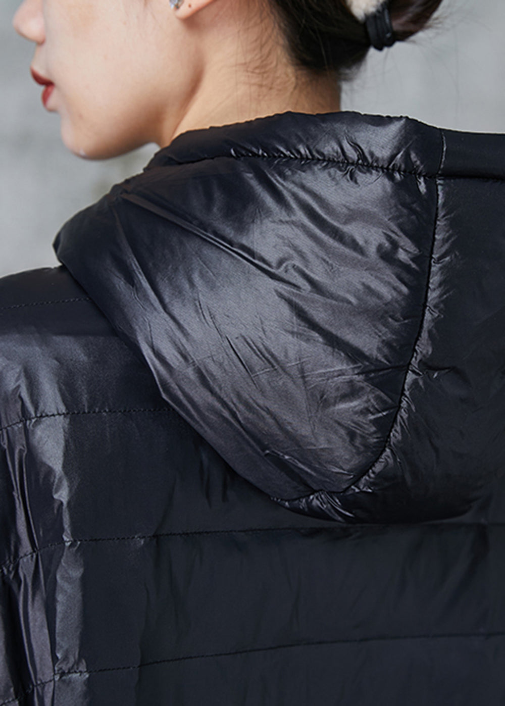 Fitted Black Drawstring Patchwork cotton silk blend Puffer Jacket Winter
