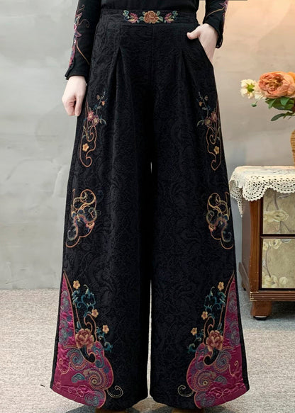 Fitted Black Embroidered Jacquard Warm Fleece Wide Leg Pants Winter