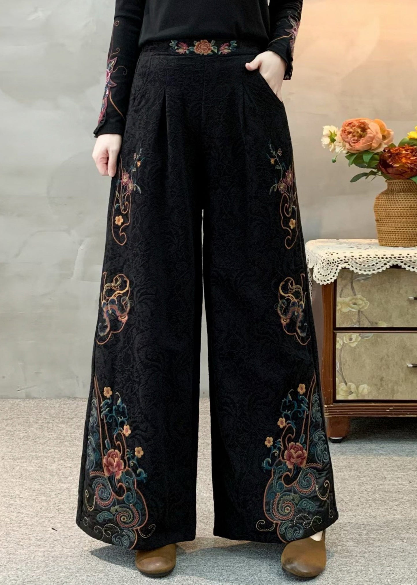 Fitted Black Embroidered Jacquard Warm Fleece Wide Leg Pants Winter