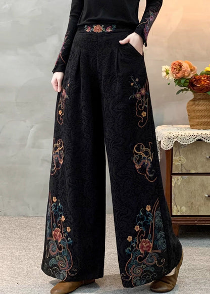 Fitted Black Embroidered Jacquard Warm Fleece Wide Leg Pants Winter