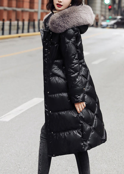 Black Fox Collar Drawstring Zipper Long Cotton Coat for Winter