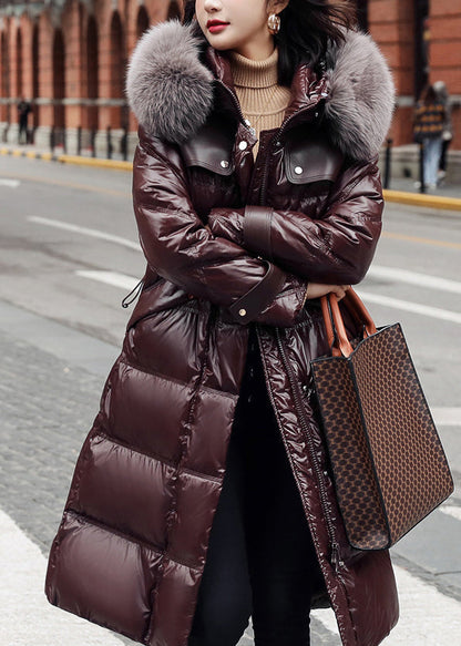 Black Fox Collar Drawstring Zipper Long Cotton Coat for Winter