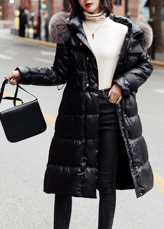 Black Fox Collar Drawstring Zipper Long Cotton Coat for Winter