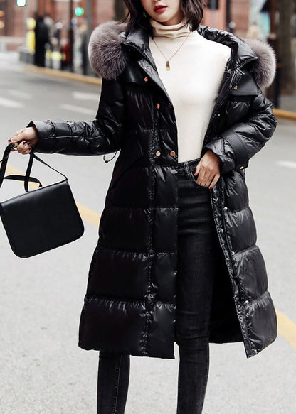 Black Fox Collar Drawstring Zipper Long Cotton Coat for Winter