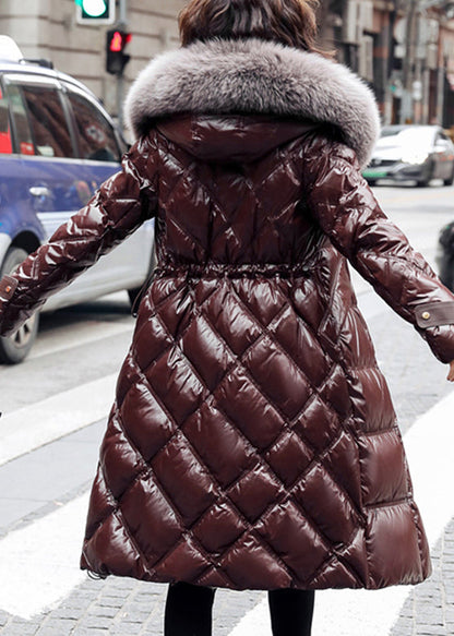 Black Fox Collar Drawstring Zipper Long Cotton Coat for Winter