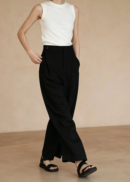Fitted Black High Waist Pockets Wide Leg Pants Summer
