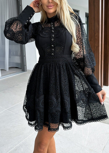 Fitted Black Hollow Out Lace Tea Dress Summer