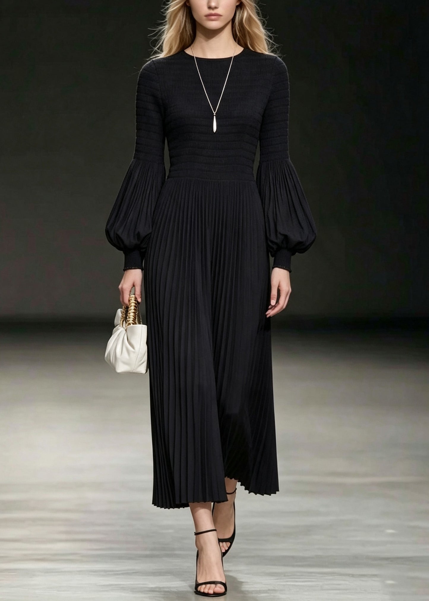 Fitted Black O-Neck Cotton Pleated Dresses Lantern Sleeve