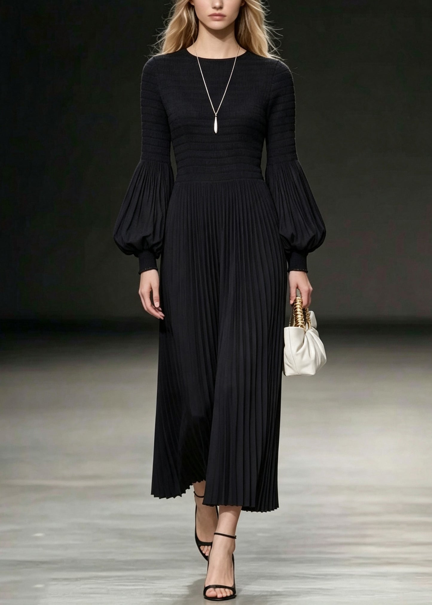 Fitted Black O-Neck Cotton Pleated Dresses Lantern Sleeve