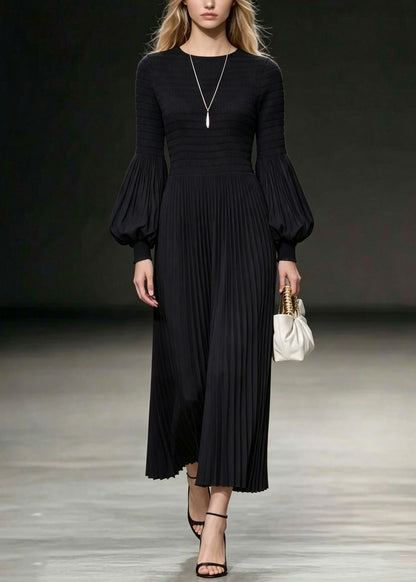 Fitted Black O-Neck Cotton Pleated Dresses Lantern Sleeve
